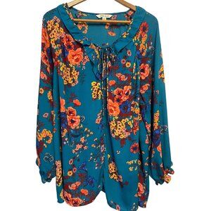 Pioneer Woman Teal Floral Long Sleeve Blouse XXXL Polyester Casual Comfortable